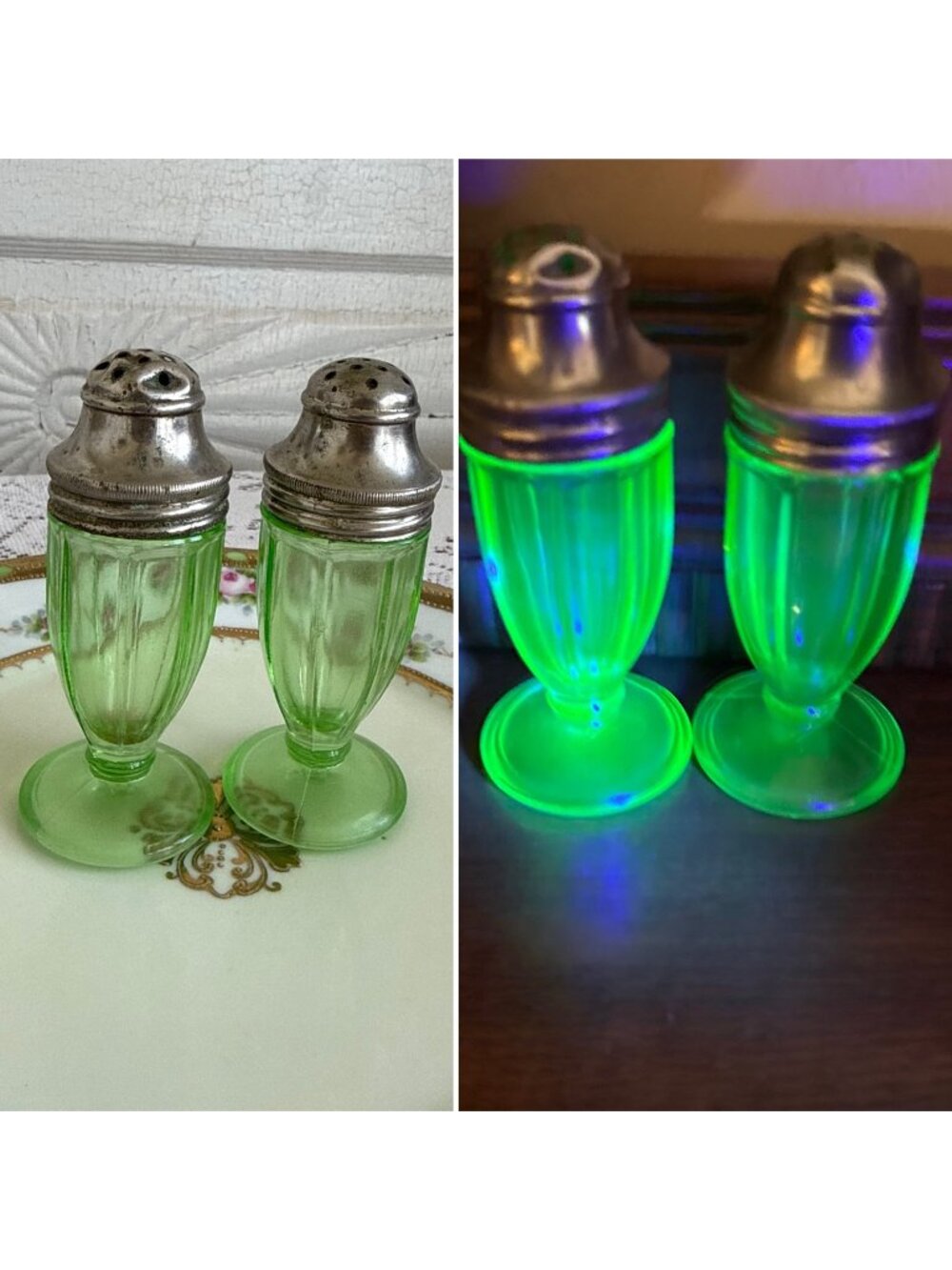 Vintage Hazel Atlas Green Uranium Glass Salt And Pepper Shakers